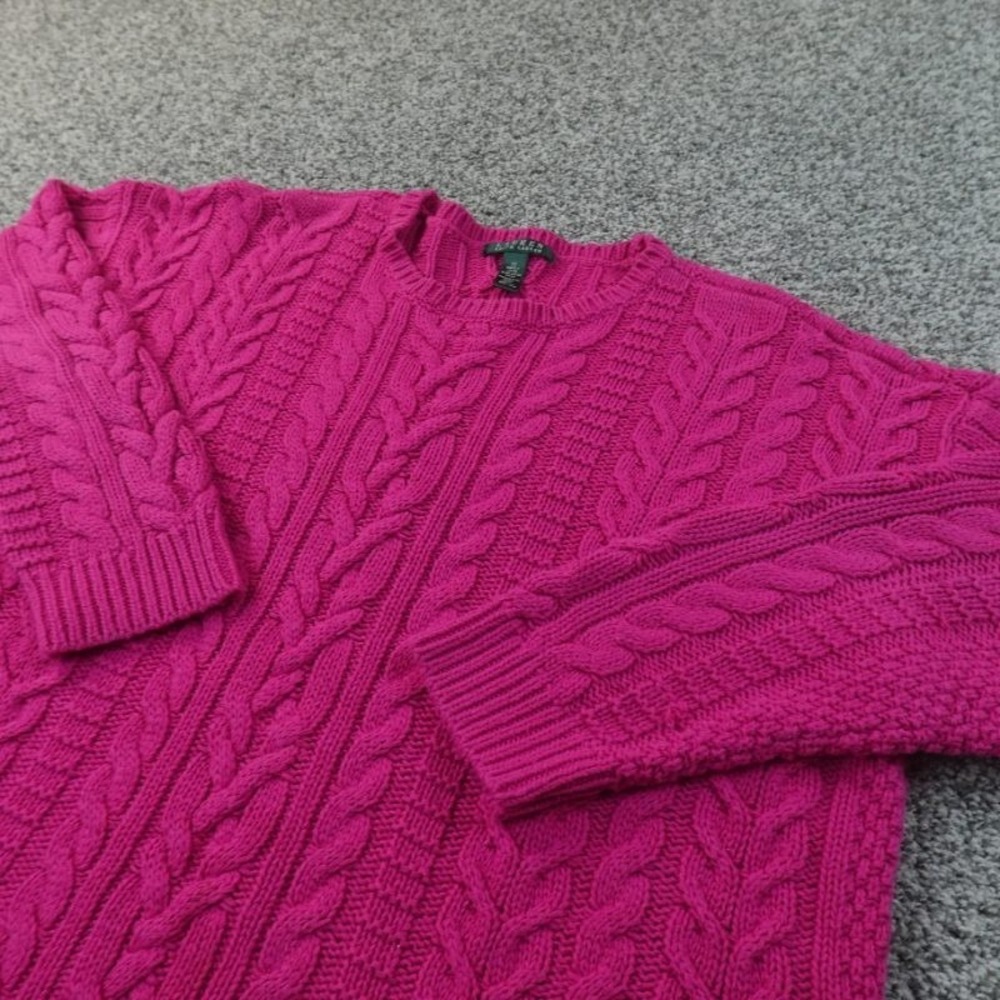 Ralph Lauren Sweater Womens‎ 1X Pink Aran Cable Knit Pullover Crewneck Fisherman